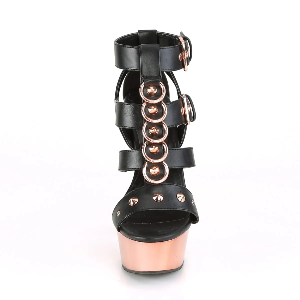 DELIGHT-658 Black Faux Leather/Rose Gold Chrome